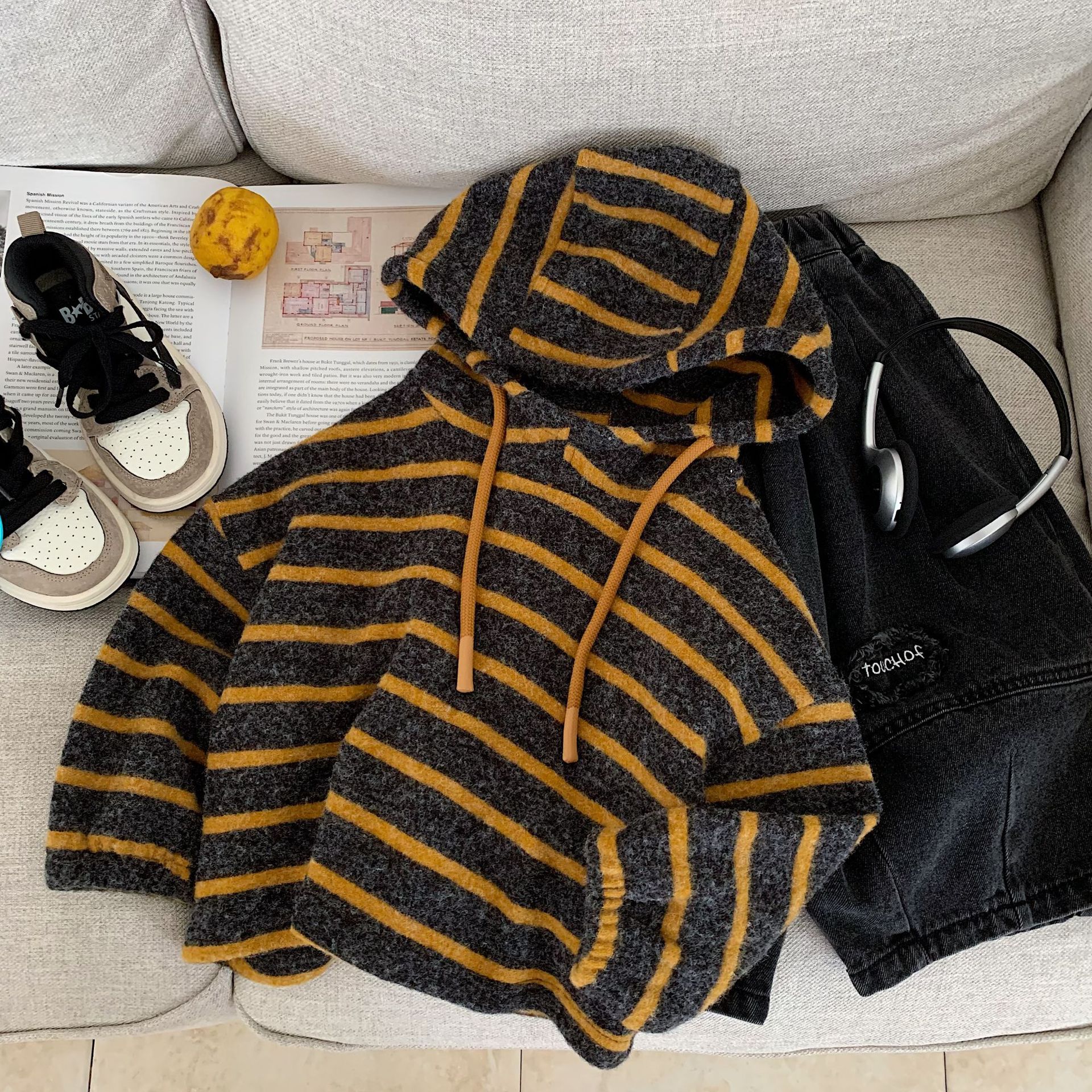 Kid Striped Hooded Contrasting Sweatshirt