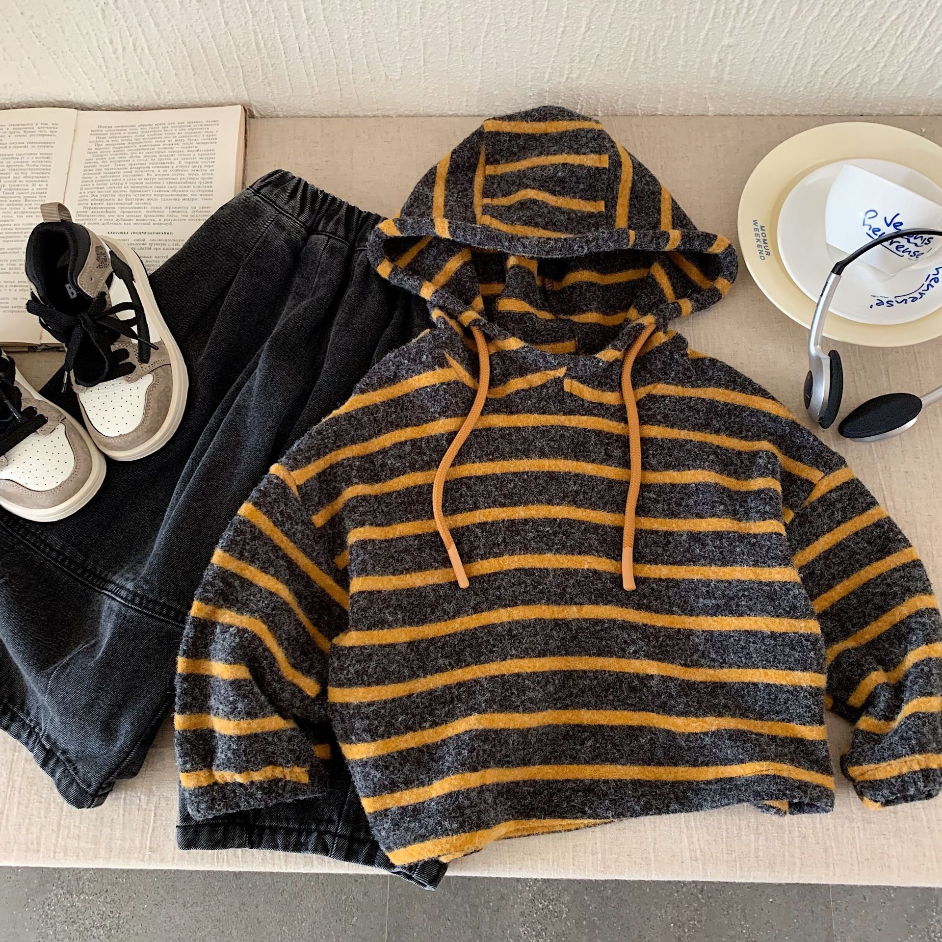Kid Striped Hooded Contrasting Sweatshirt