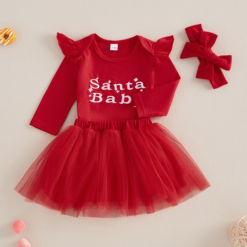 3-Piece Santa Baby Red Letter Embroidery  Bodysuit Tulle Skirt Set