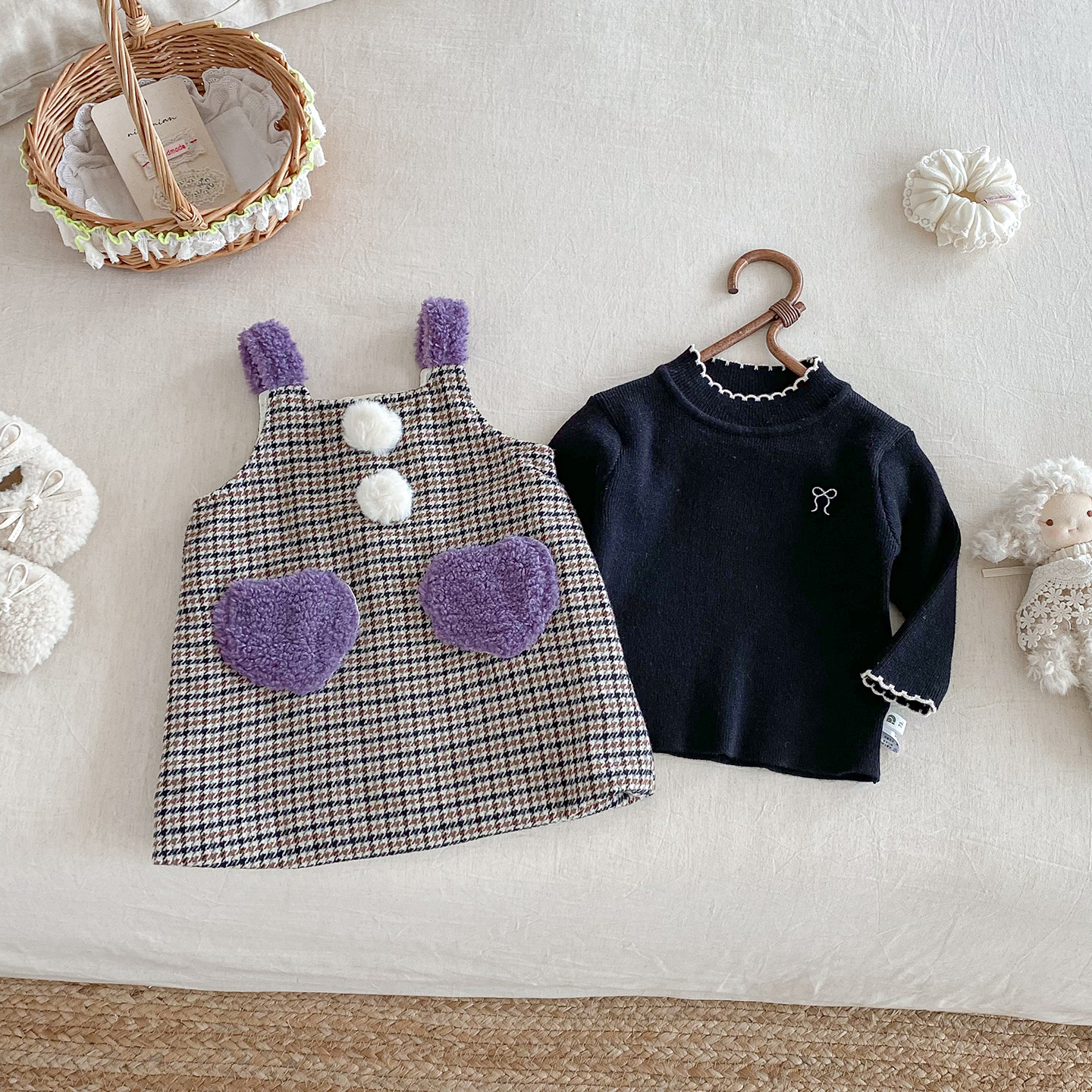 Baby Girl Plaid Heart Sleeveless Purple Dress & Black Top