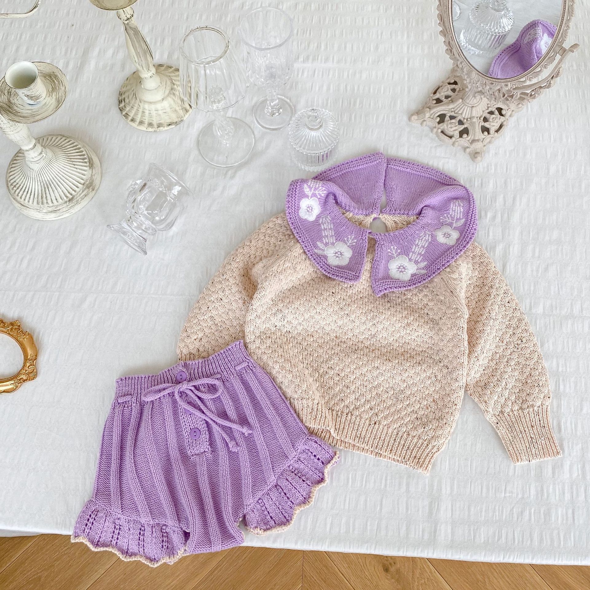 Baby Toddler Girl Embroidered Lapel Sweater Set