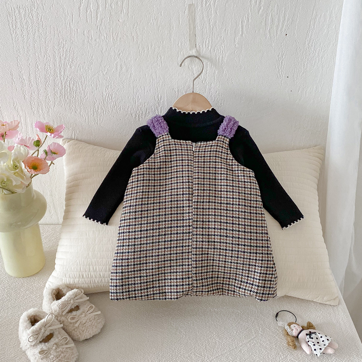 Baby Girl Plaid Heart Sleeveless Purple Dress & Black Top