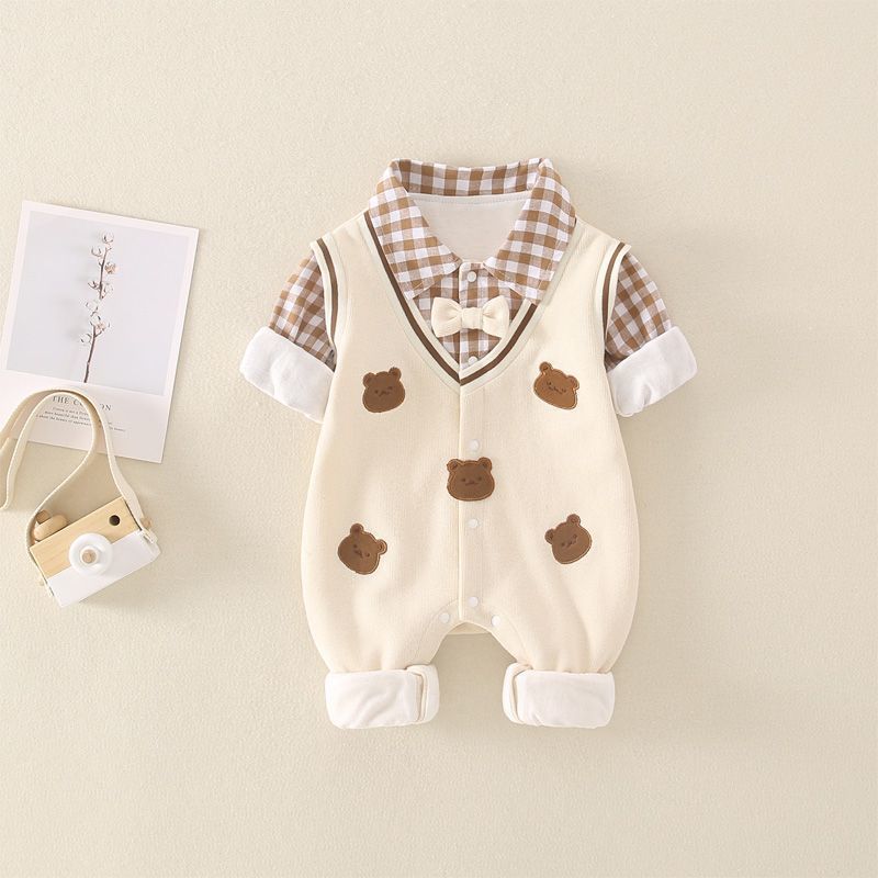  Baby Boy Double Bear Plaid Knot Bow Causual Romper