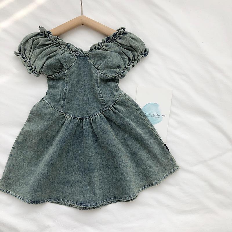 Kid Girl V Neck Lace Denim Dress