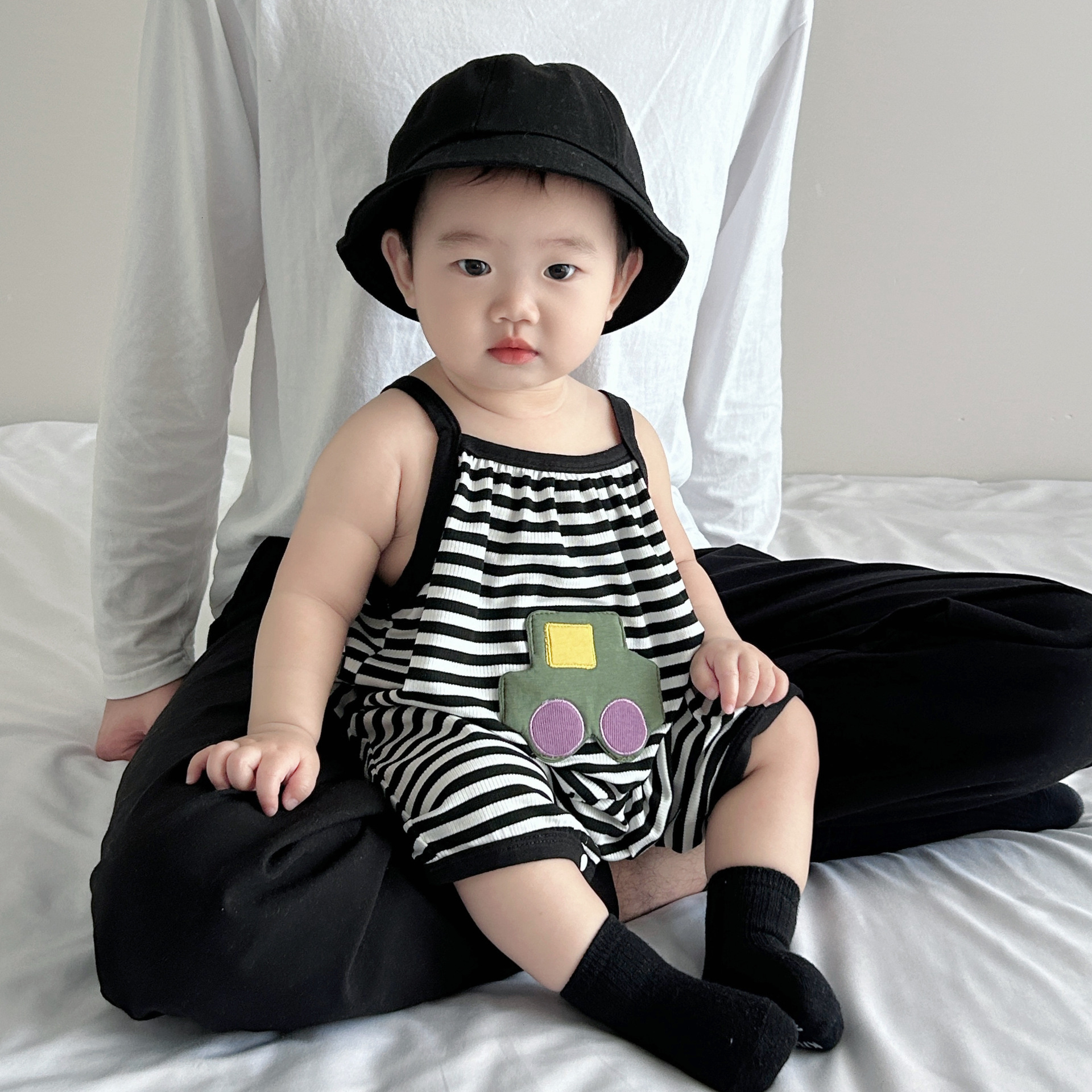 Baby Car Patch Striped Suspender Romper