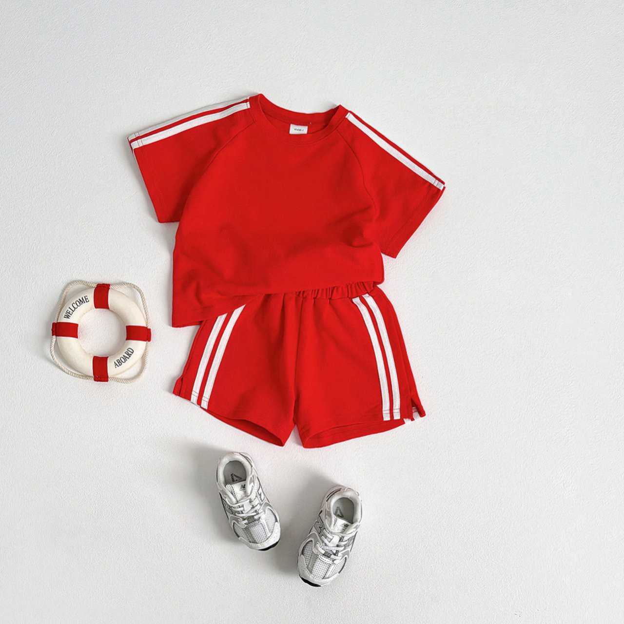 Kids Solid Color Stripe Sports Top and Short Pants Set