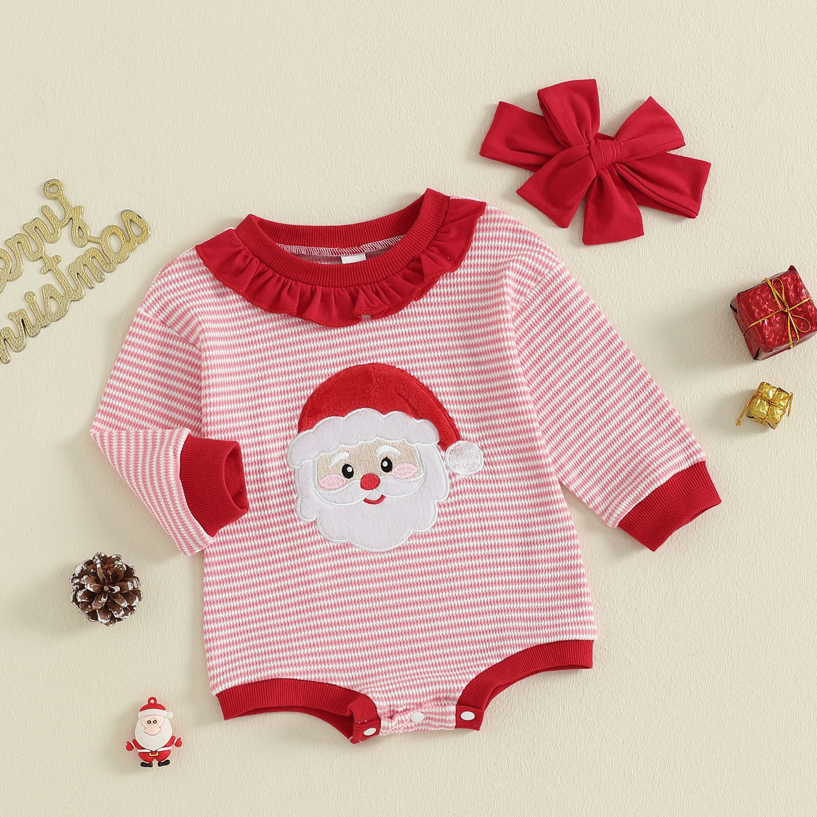 Baby Girl Christmas Santa Embroidery Stripe Bodysuit with Headband 2-Piece Set