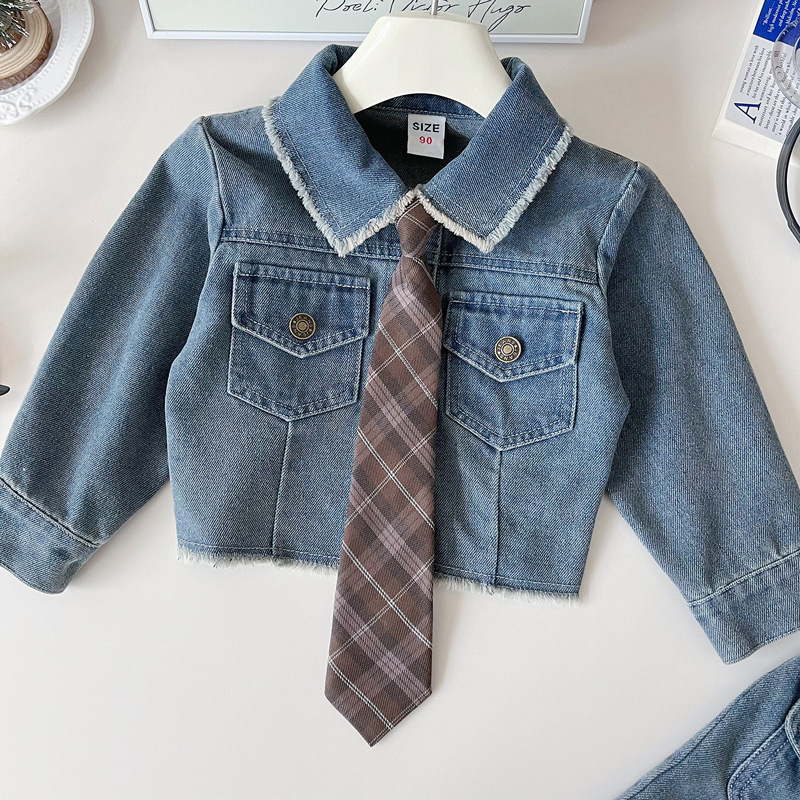Toddler Girls Denim Jacket Pleated Skirt Suit