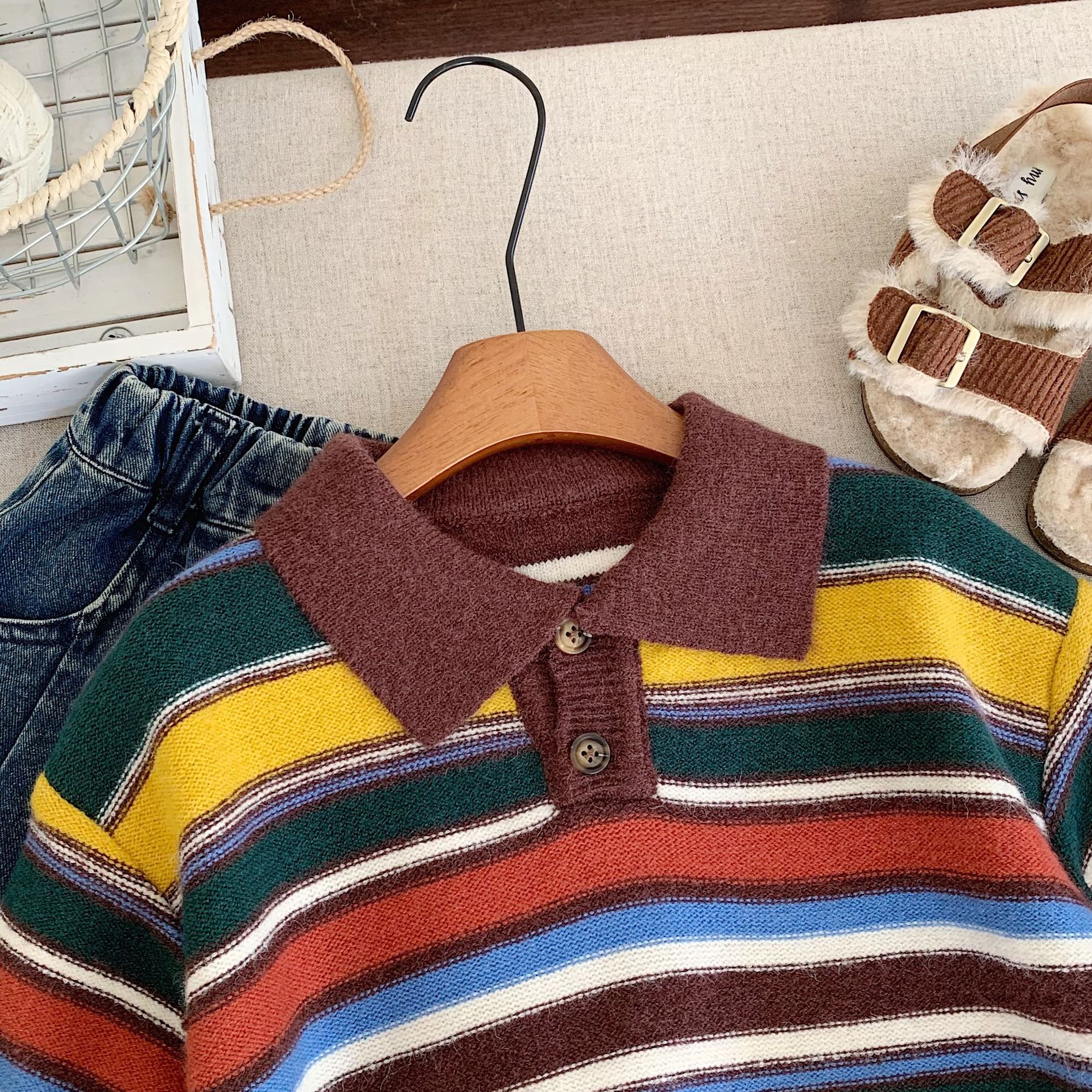Kid Retro Colorful Striped Lapel Sweater