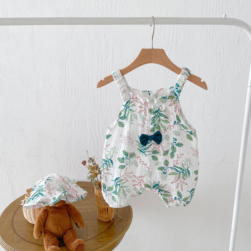 Baby Green Leaves White Romper With Hat