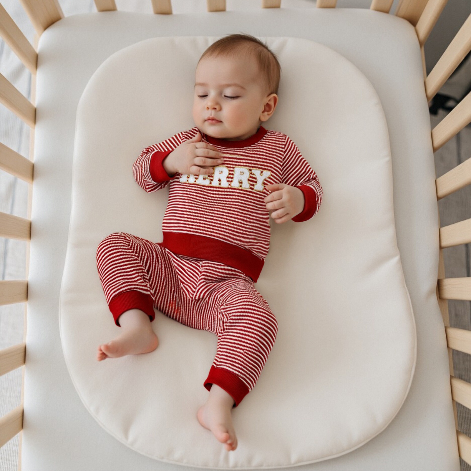 Baby Christmas Waffle Kids MERRY Embroidery Stripe 2-Piece Set