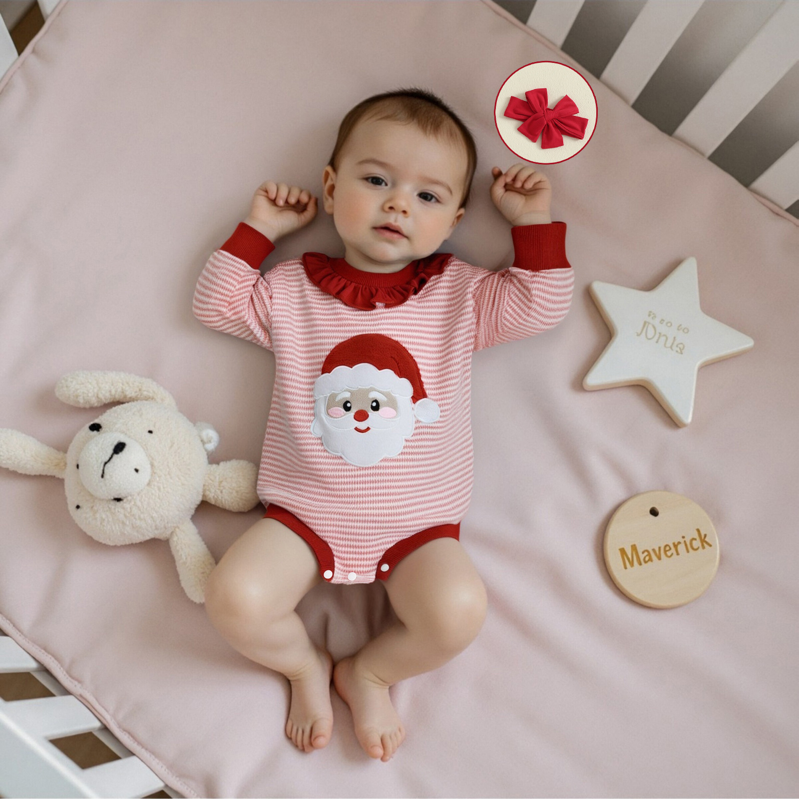 Baby Girl Christmas Santa Embroidery Stripe Bodysuit with Headband 2-Piece Set