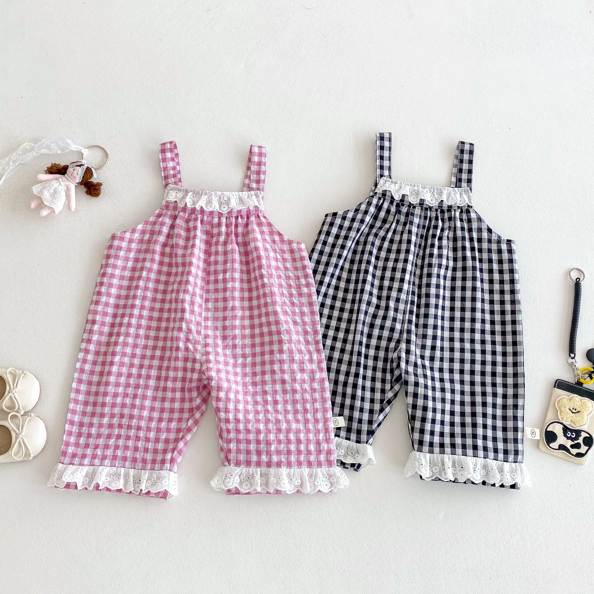 Baby Girl Plaid Lace Overalls