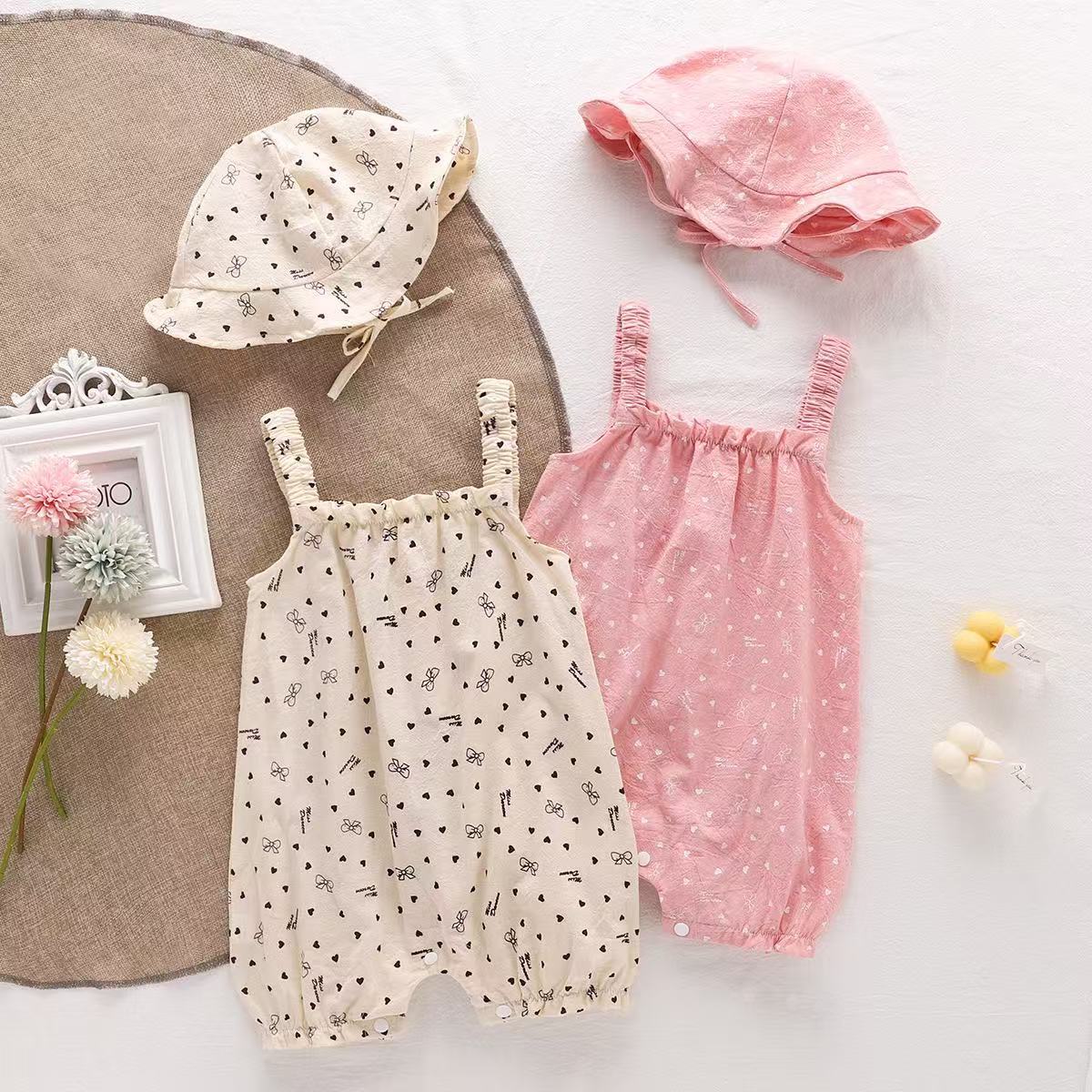 Baby Girl Love Heart Bowknots Romper with Hat