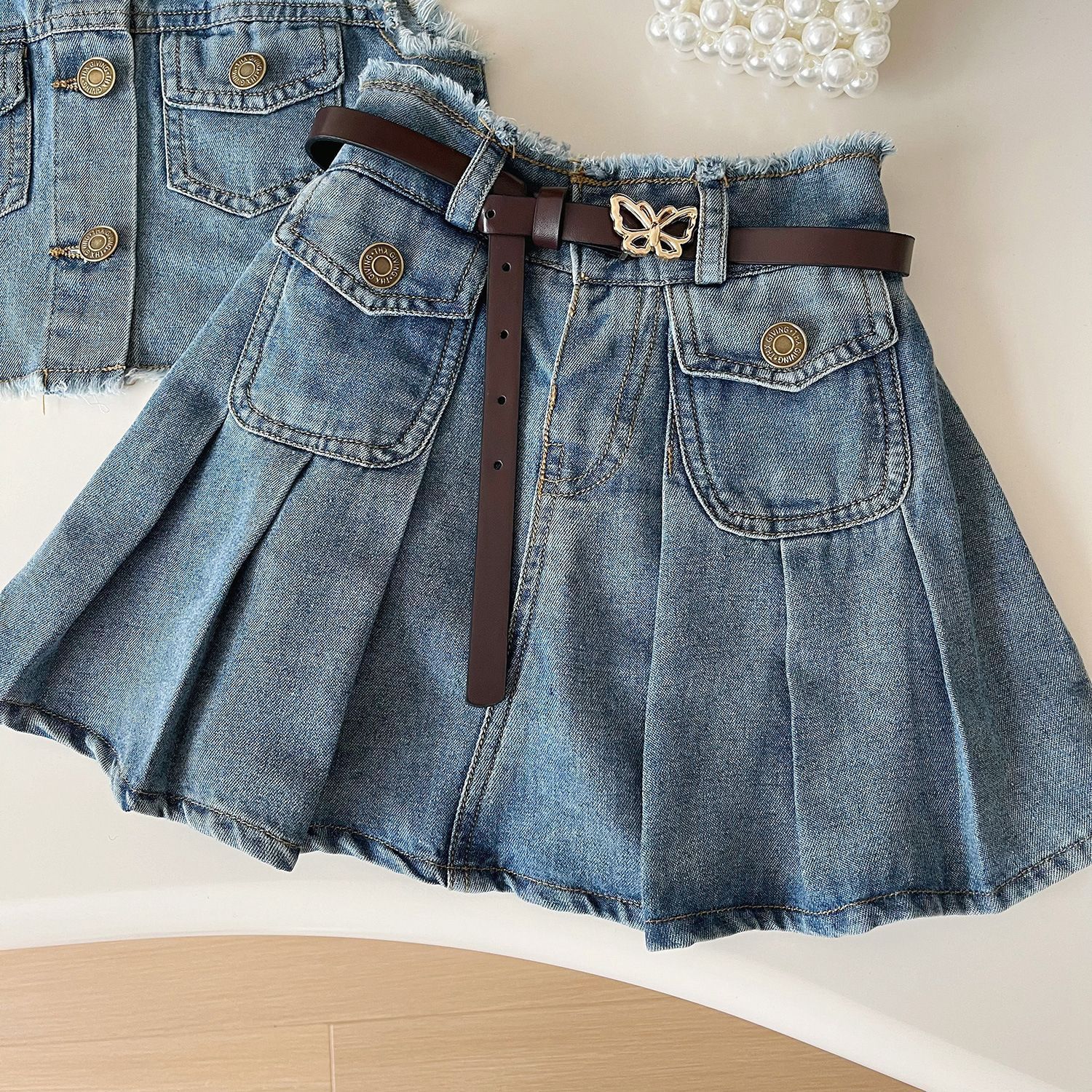 Toddler Girls Denim Sleeveless Jacket Pleated Skirt Suit