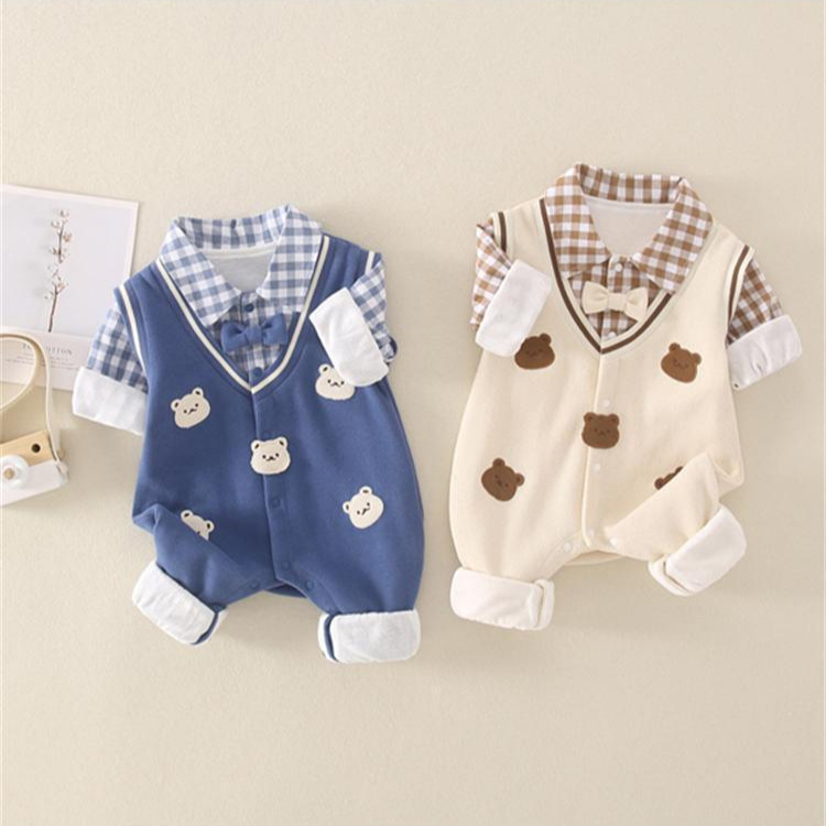  Baby Boy Double Bear Plaid Knot Bow Causual Romper