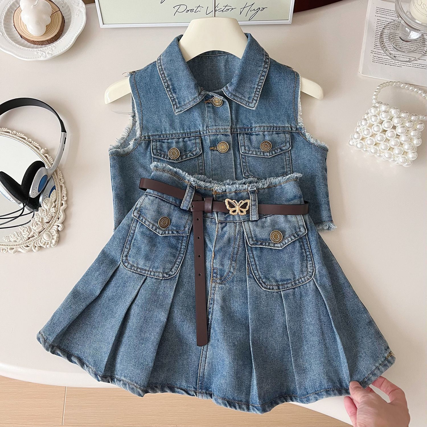 Toddler Girls Denim Sleeveless Jacket Pleated Skirt Suit