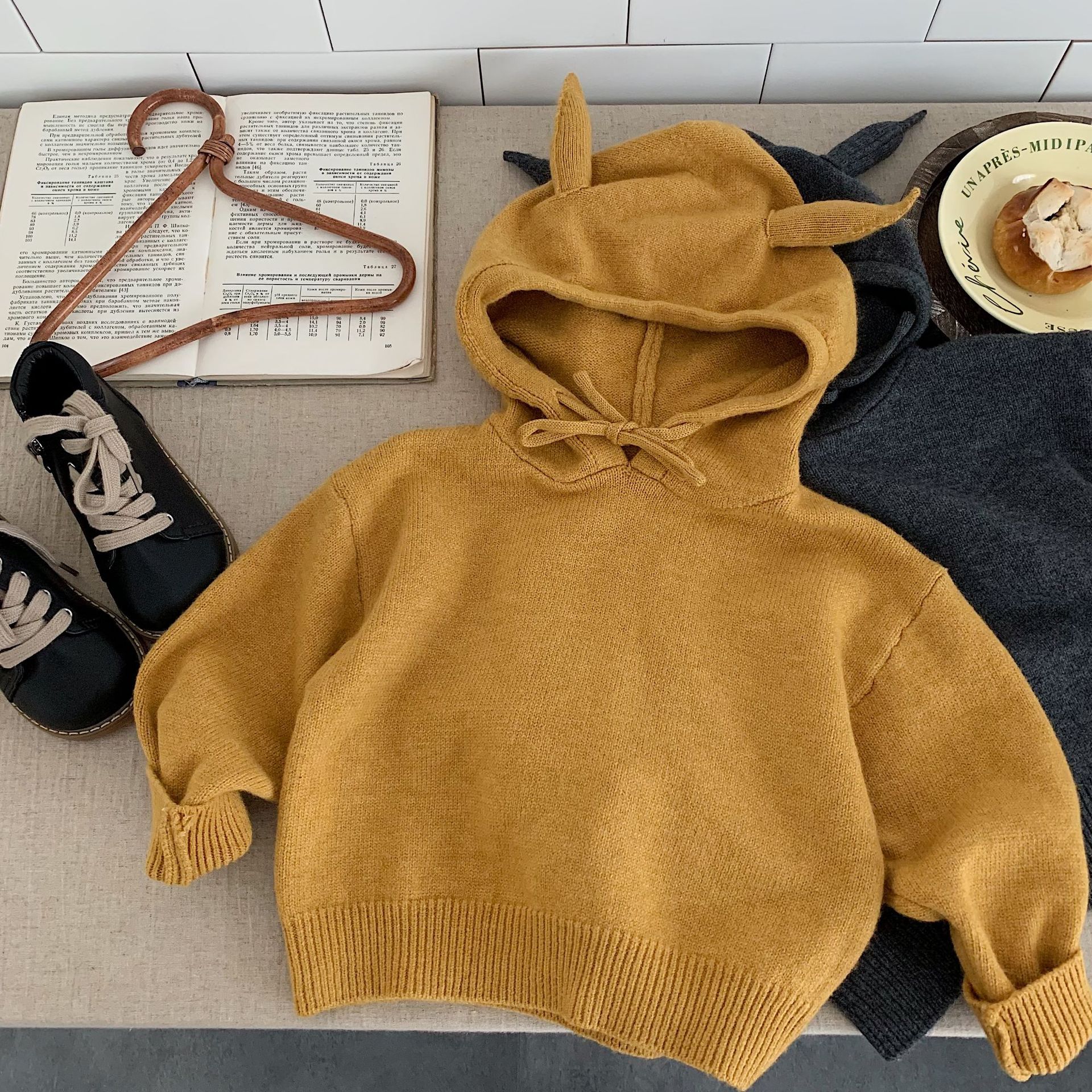 Kid Hooded Ear Solid Color Sweater