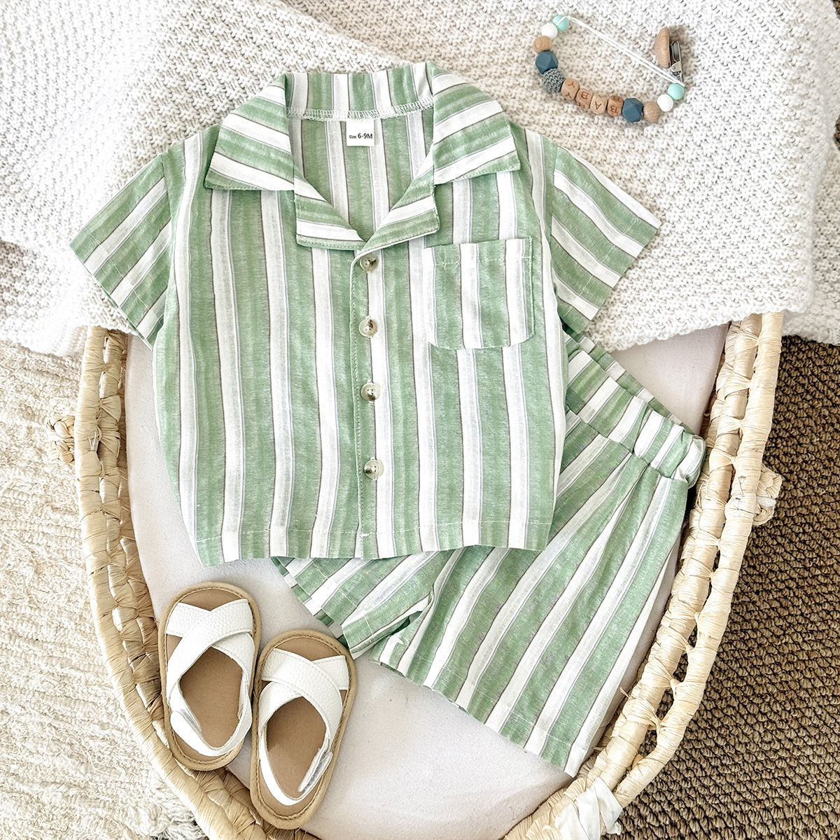 Baby 2-Piece Green Striped Polo Set