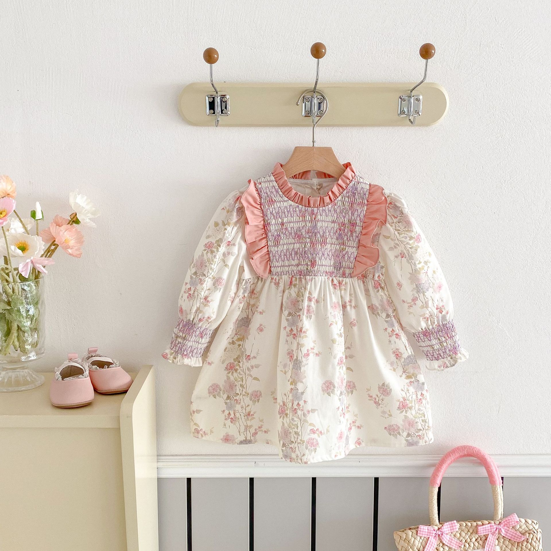 Toddler Girl Pink Fungus Hem Floral Dress