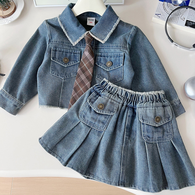 Toddler Girls Denim Jacket Pleated Skirt Suit