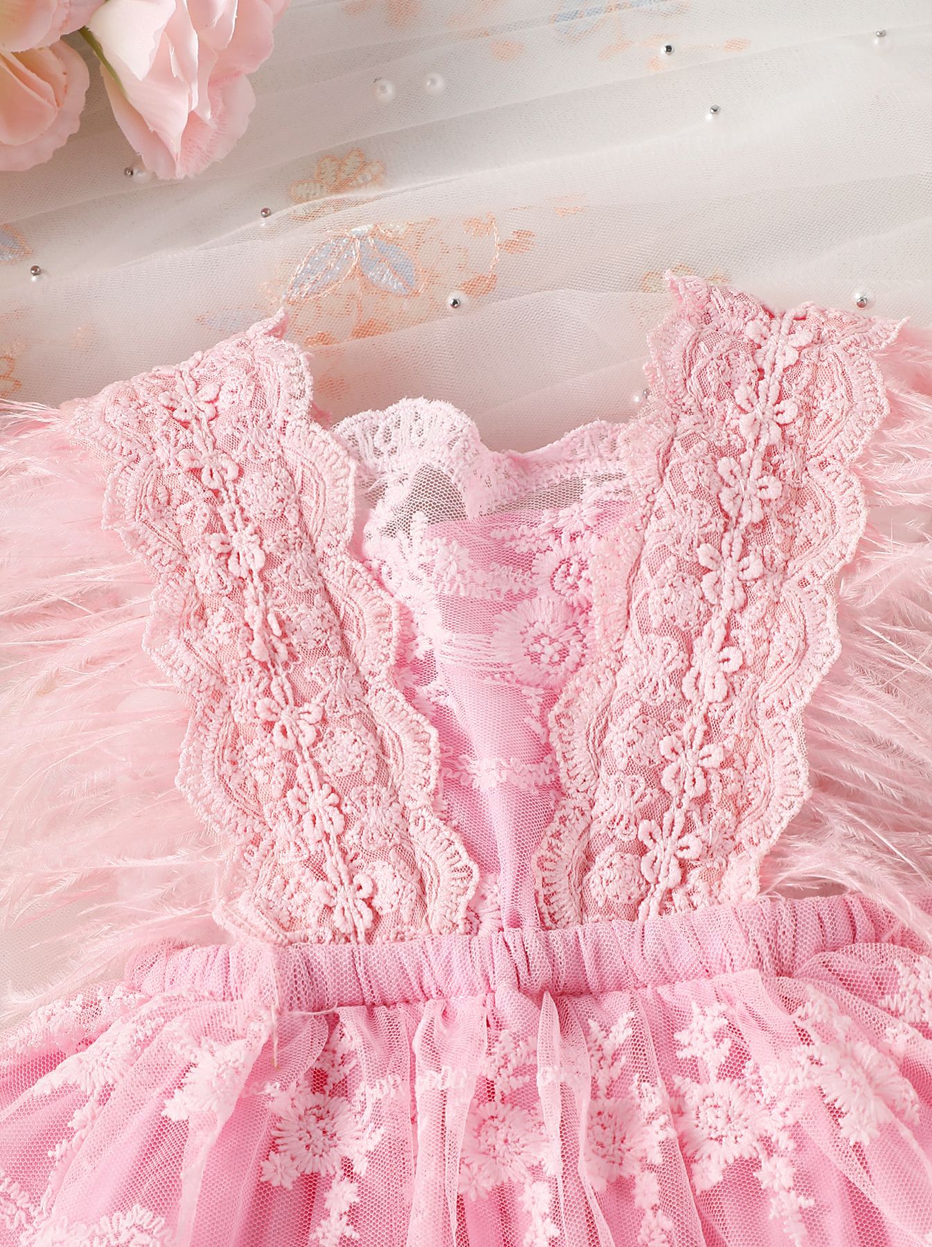 Baby Feather Sleeves Lace Skirted Bodysuit