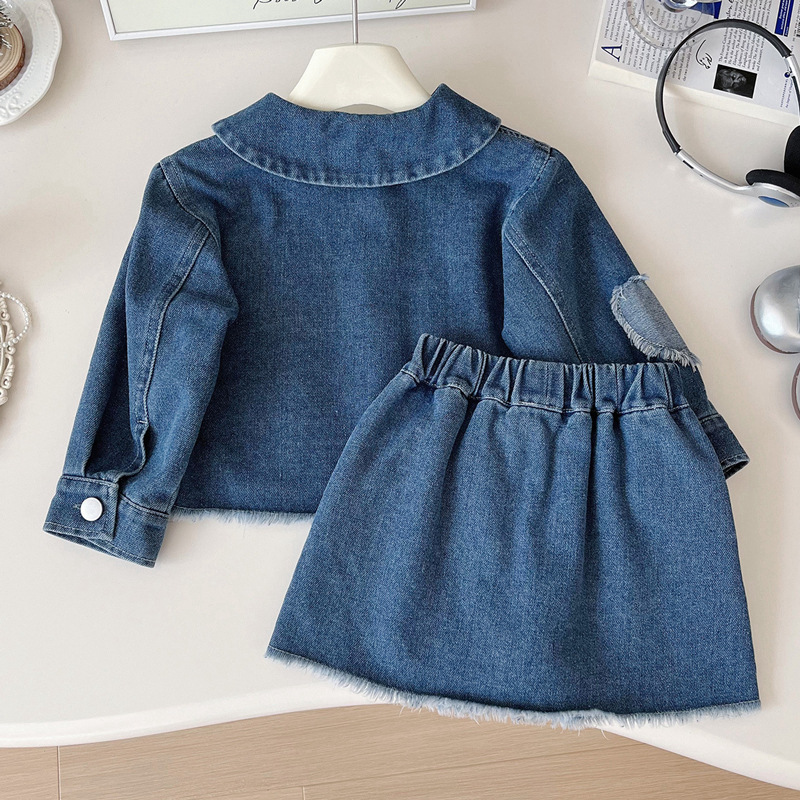 Toddler Girls Denim Love Patch Jacket Pleated Skirt Suit