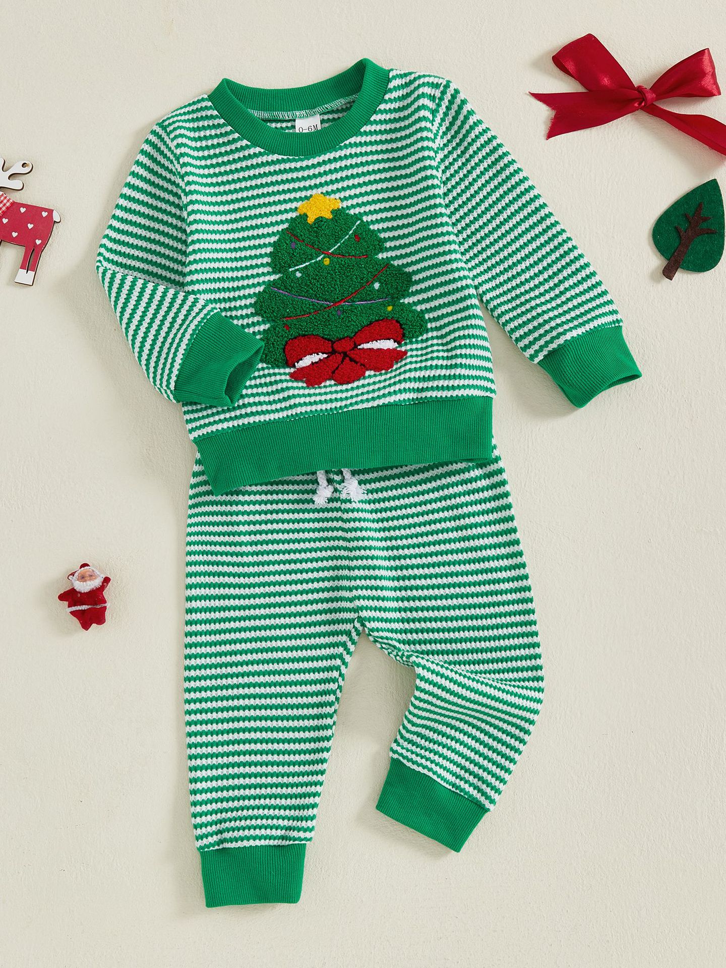 Baby Christmas Waffle Kids Christmas Tree Embroidery Stripe 2-Piece Set