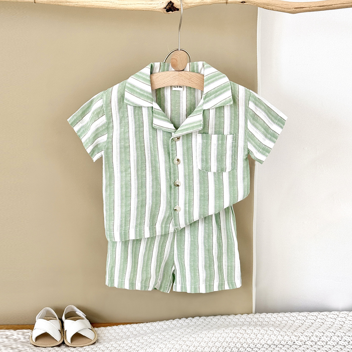 Baby 2-Piece Green Striped Polo Set