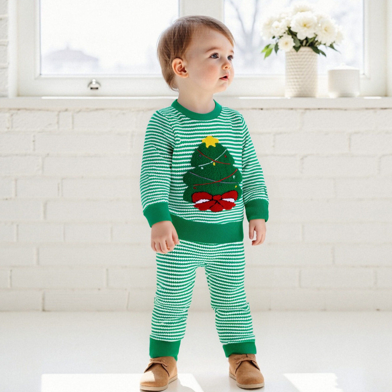 Baby Christmas Waffle Kids Christmas Tree Embroidery Stripe 2-Piece Set