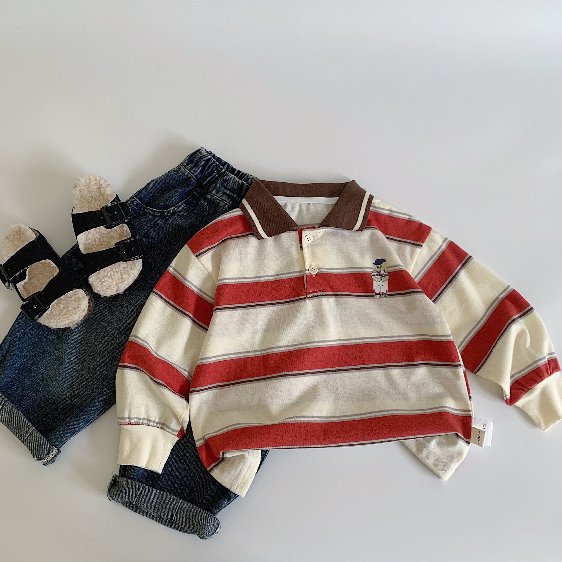Kid Bear Stripe Polo Long-Sleeved T-shirt