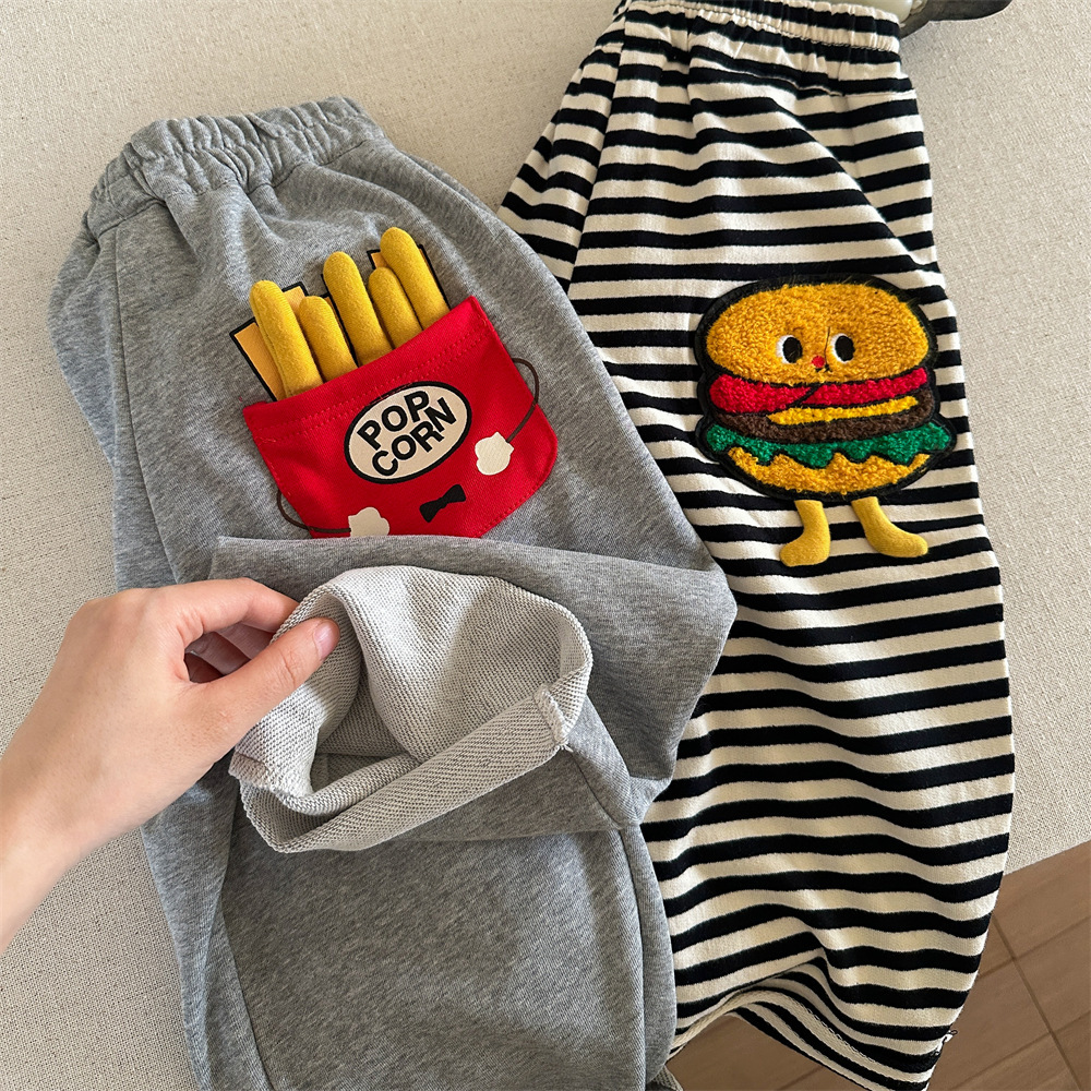 Kid Baby Fries and Hamburger Embroidery Casual Pants