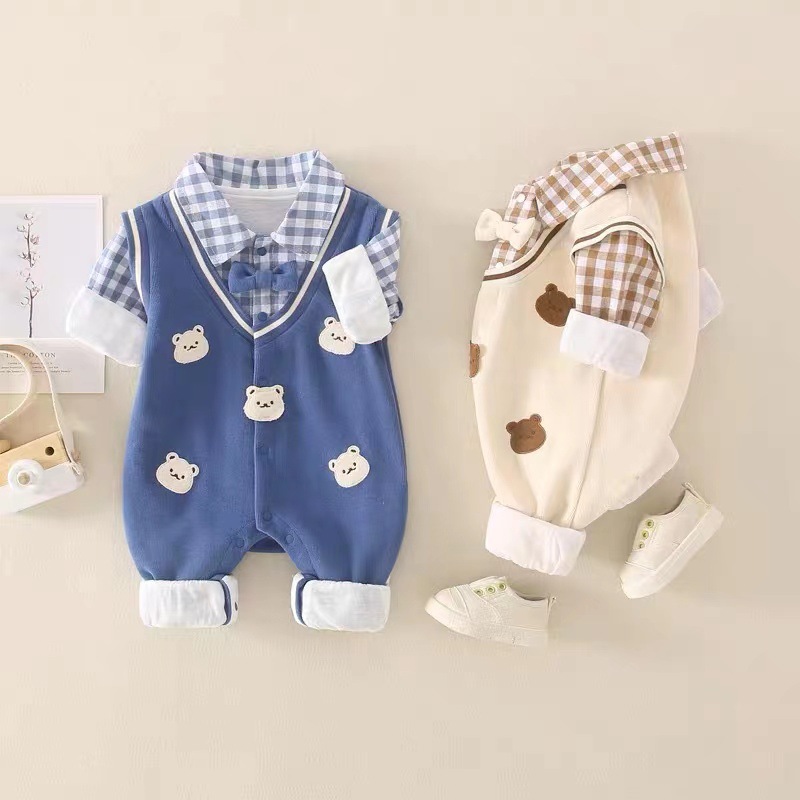  Baby Boy Double Bear Plaid Knot Bow Causual Romper