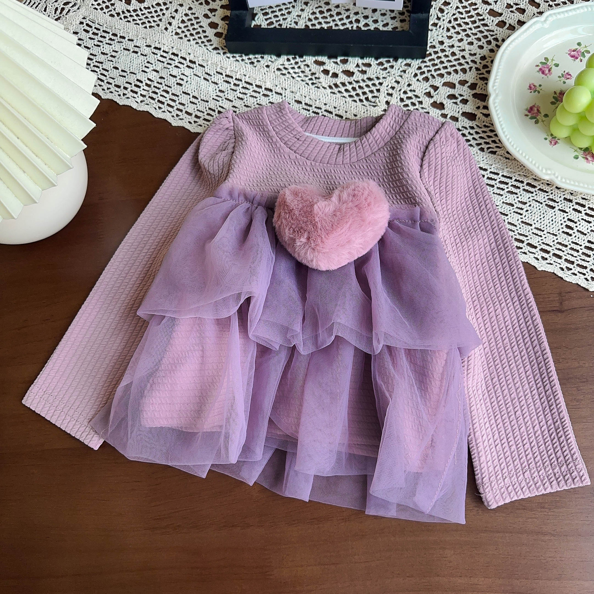 Toddler Girl Plush Heart Mesh Top and Pants 2-piece Sets