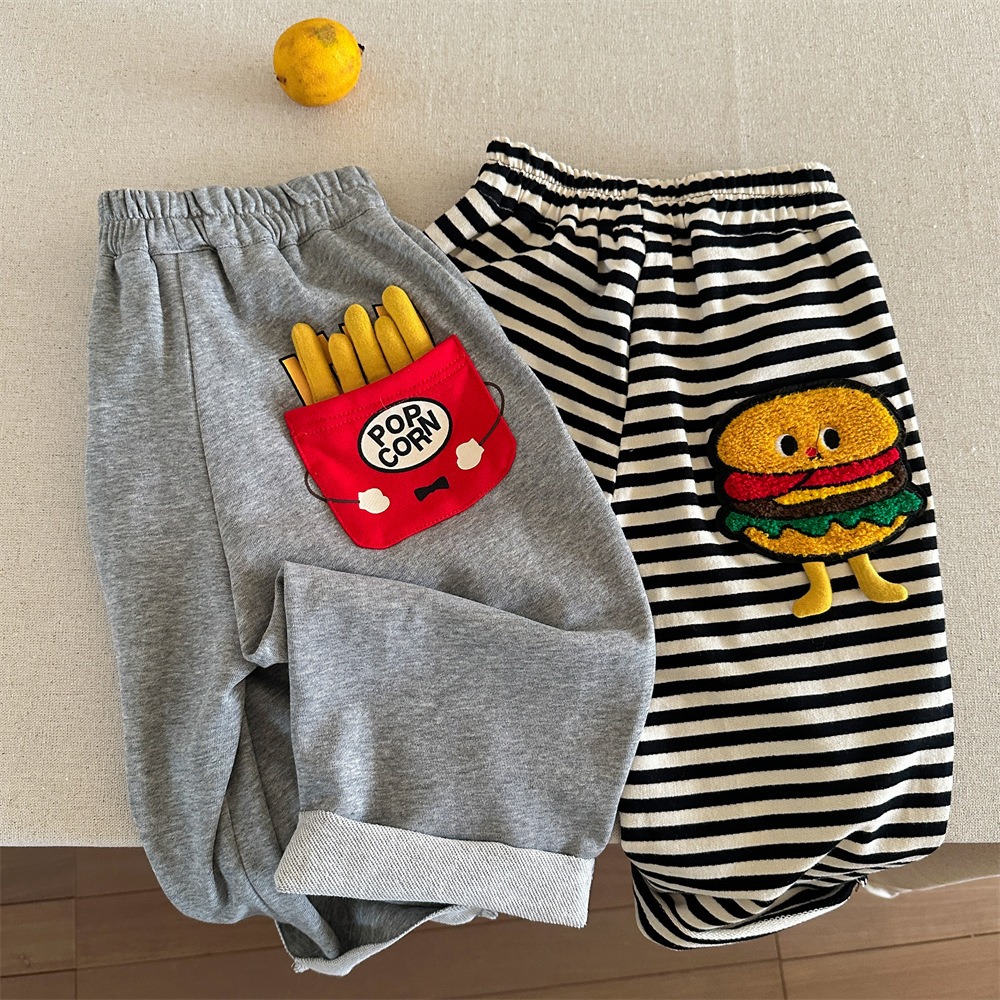 Kid Baby Fries and Hamburger Embroidery Casual Pants