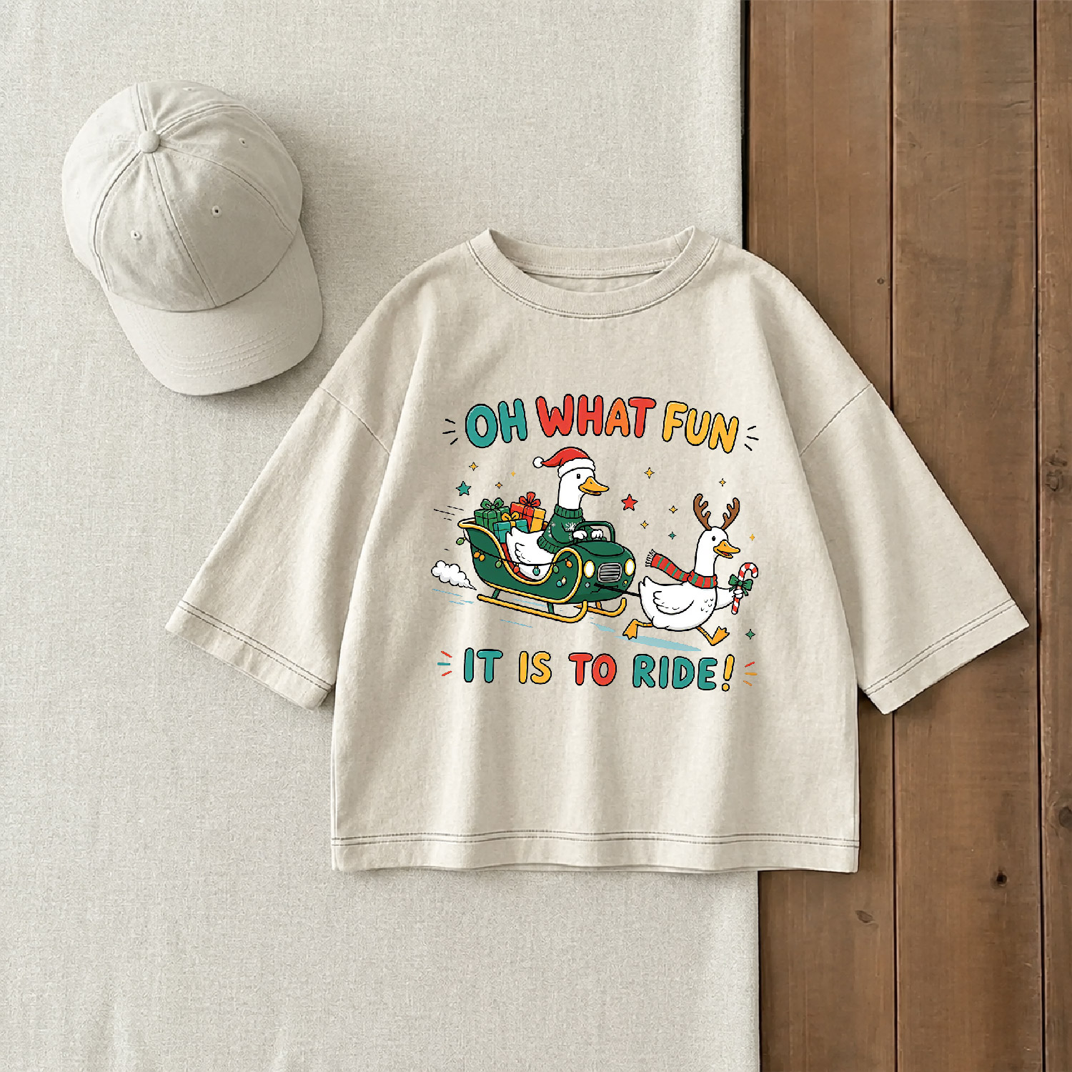 OH WHAT FUN IT IS TO RIDE Baby & Kids Christmas Goose Print T-Shirt (6M-12Y)