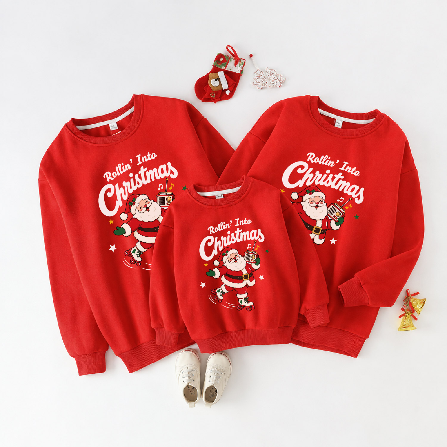 ROLLIN INTO CHRISTMAS Family Santa Claus Fleece Lined Sweatshirt
