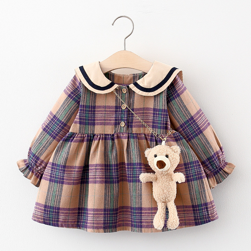 Baby Toddler Girls Classic Plaid Princess Dress（Free Bear Backpack）