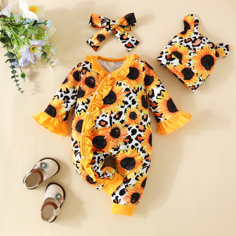 3- Piece Baby Newborn Flower Print Romper Set