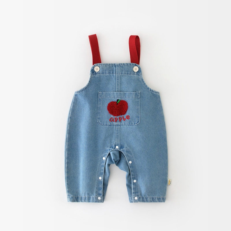 Baby Apple Embroidered Denim Overalls