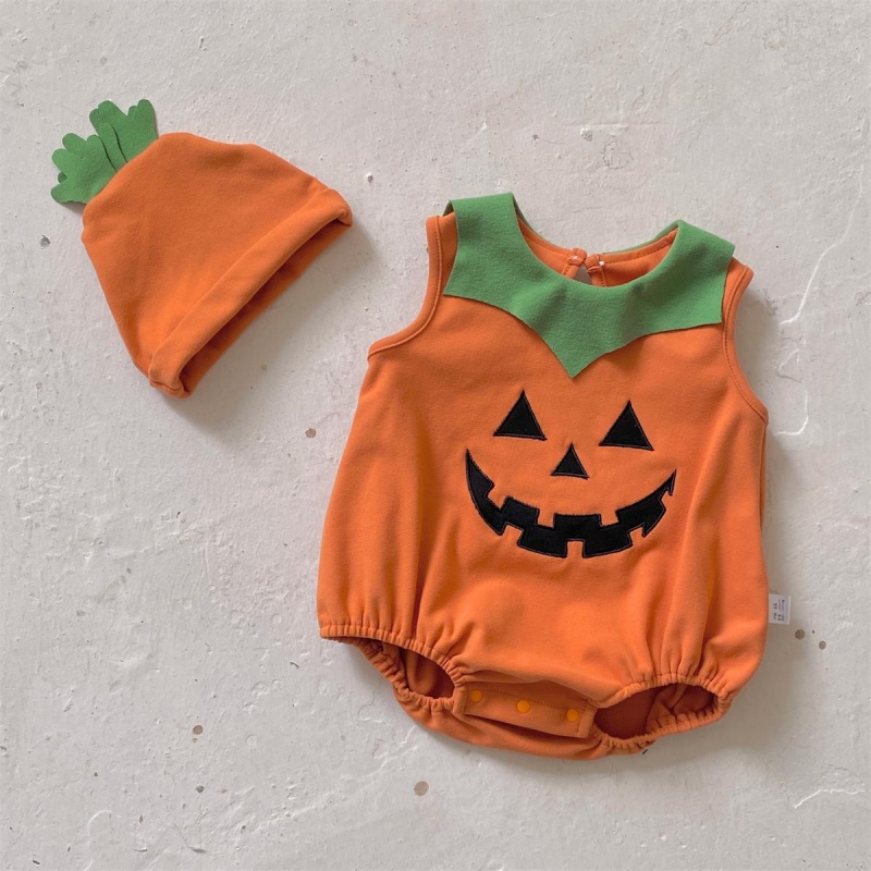 Baby Halloween Sleeveless Pumpkin Print Romper （Includes hat）