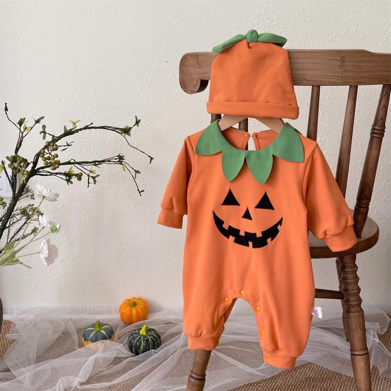 Baby Halloween Pumpkin Print Romper （Includes hat）
