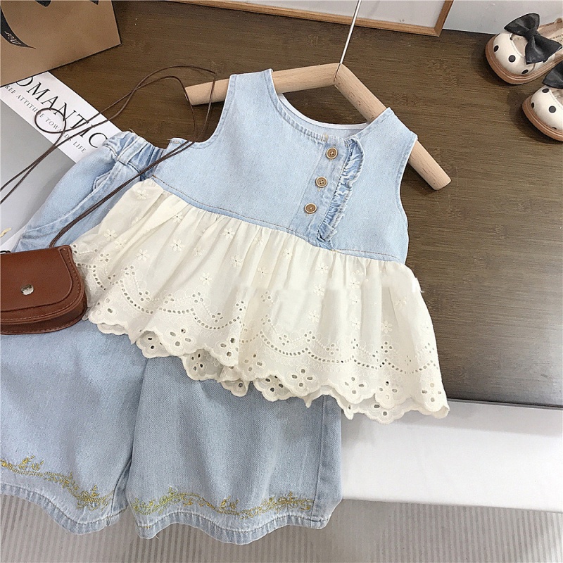 Baby Toddler Girls 2-Piece Lace Denim Patchwork Set