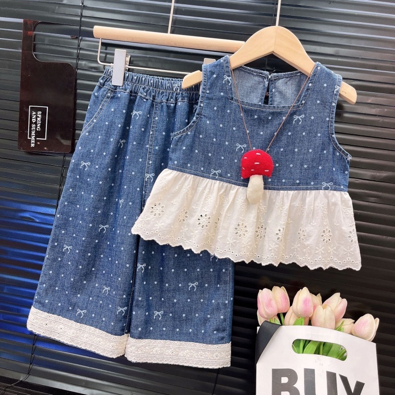2-Piece Baby Toddler Girls Lace Denim Patchwork Set