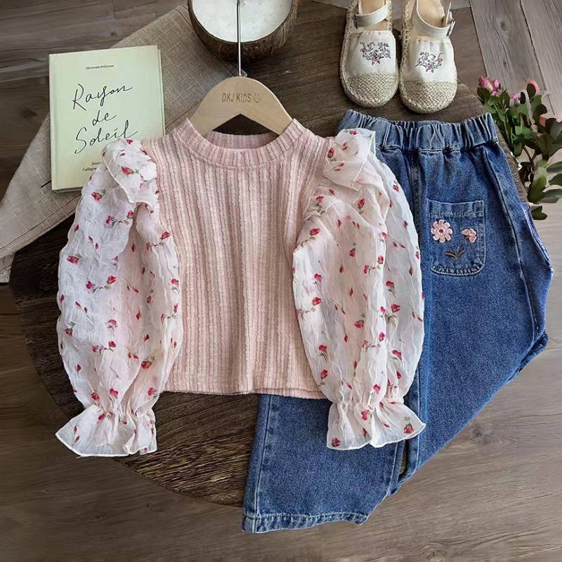 2-Piece Baby Toddler Girls Patchwork Top & Denim Set