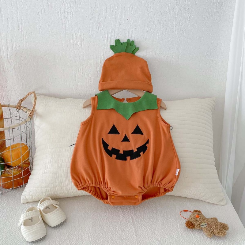 Baby Halloween Spooky Pumpkin Print Romper (with Hat)