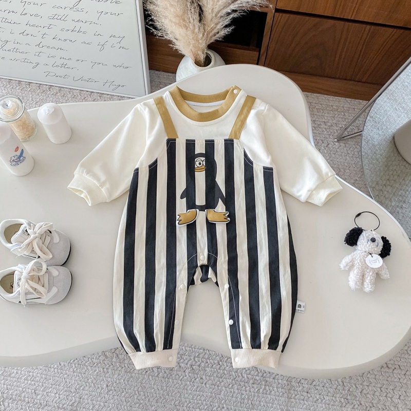 Baby Penguin Print Striped Patchwork Romper