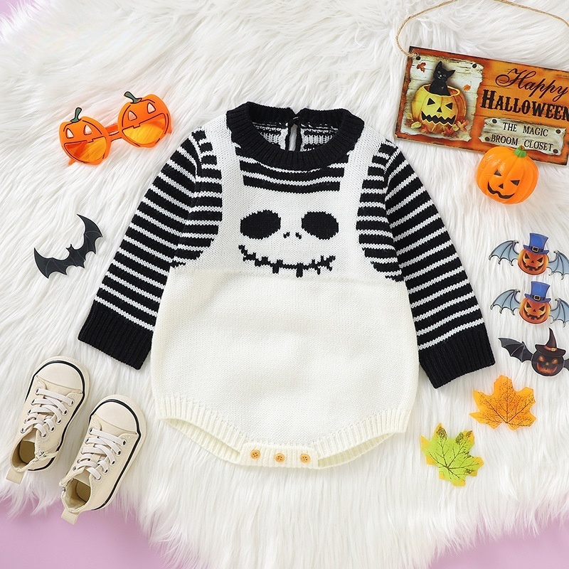 Baby Halloween Skull Print Striped Color Block Romper