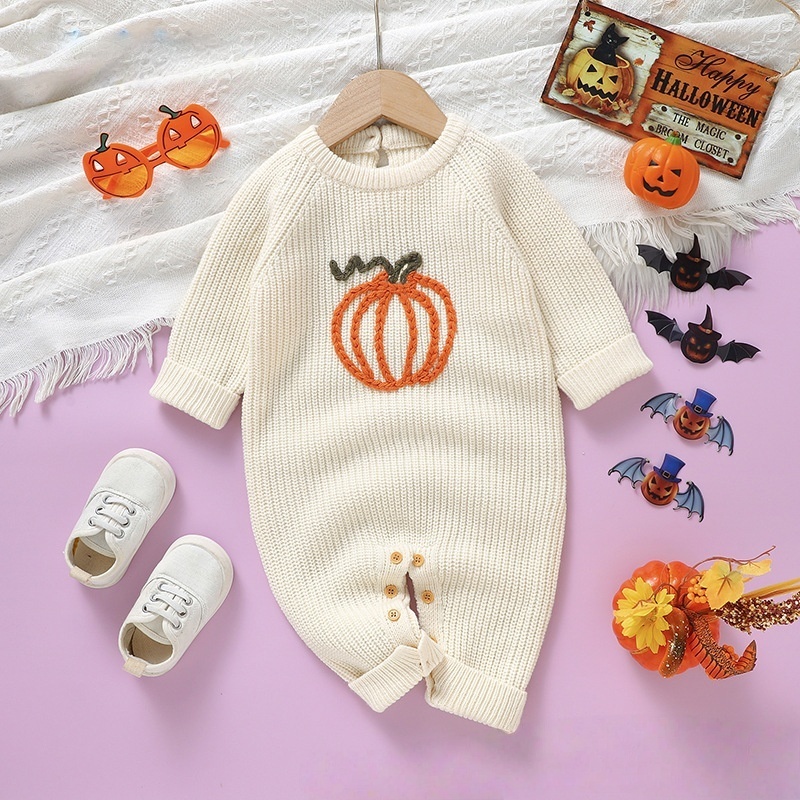Baby Halloween Pumpkin Embroidered Sweater Rompers