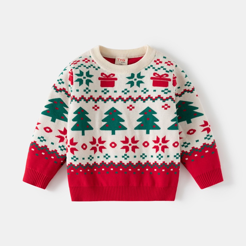 Kids' Christmas Print Color-Block Sweater
